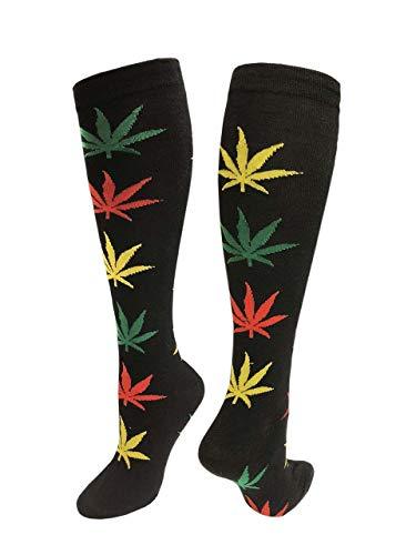 Women's Rasta Leaves Marijuana Weed Leaf Knee High Fashion Socks (Black): Gateway