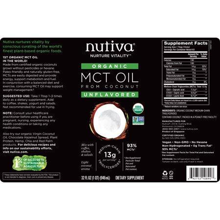 Nutiva Organic MCT Oil, Unflavored, 32 Fl Oz, 63 Servings