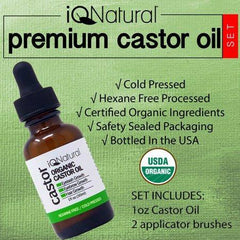 Organic Castor Oil - 100% USDA Certified Pure Cold Pressed - Boost Growth For Eyelashes, Hair, Eyebrows, Face and Skin - with Treatment Applicator Kit 1oz (30ml)