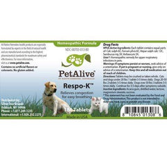 PetAlive Respo-K Tablets - Natural Homeopathic Formula for Pet Respiratory and Cold Symptoms - Reduces Sneezing, Coughing Watery Eyes, Runny Nose and Congestion in Dogs and Cats - 180 Tablets